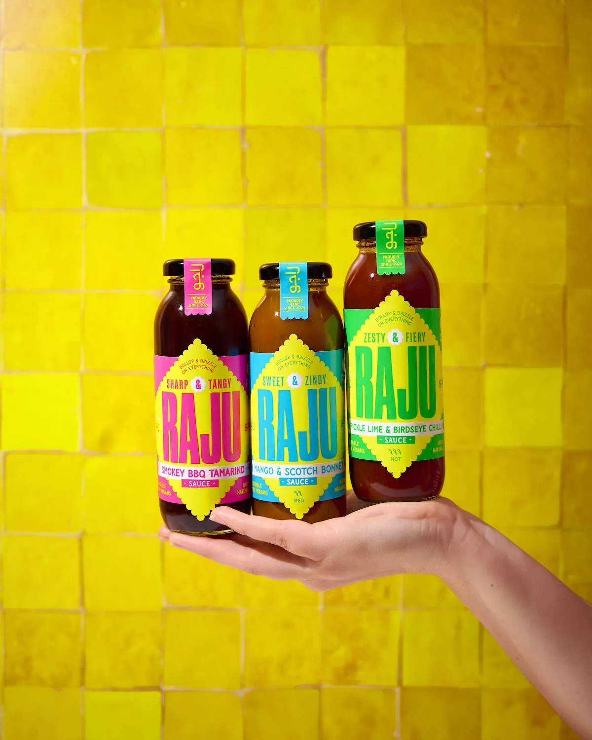 Photo of Raju sauce bottle packaging.